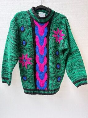 Vintage Croquet Colorblock Chunky Knit Sweater Green Pink Blue Size M